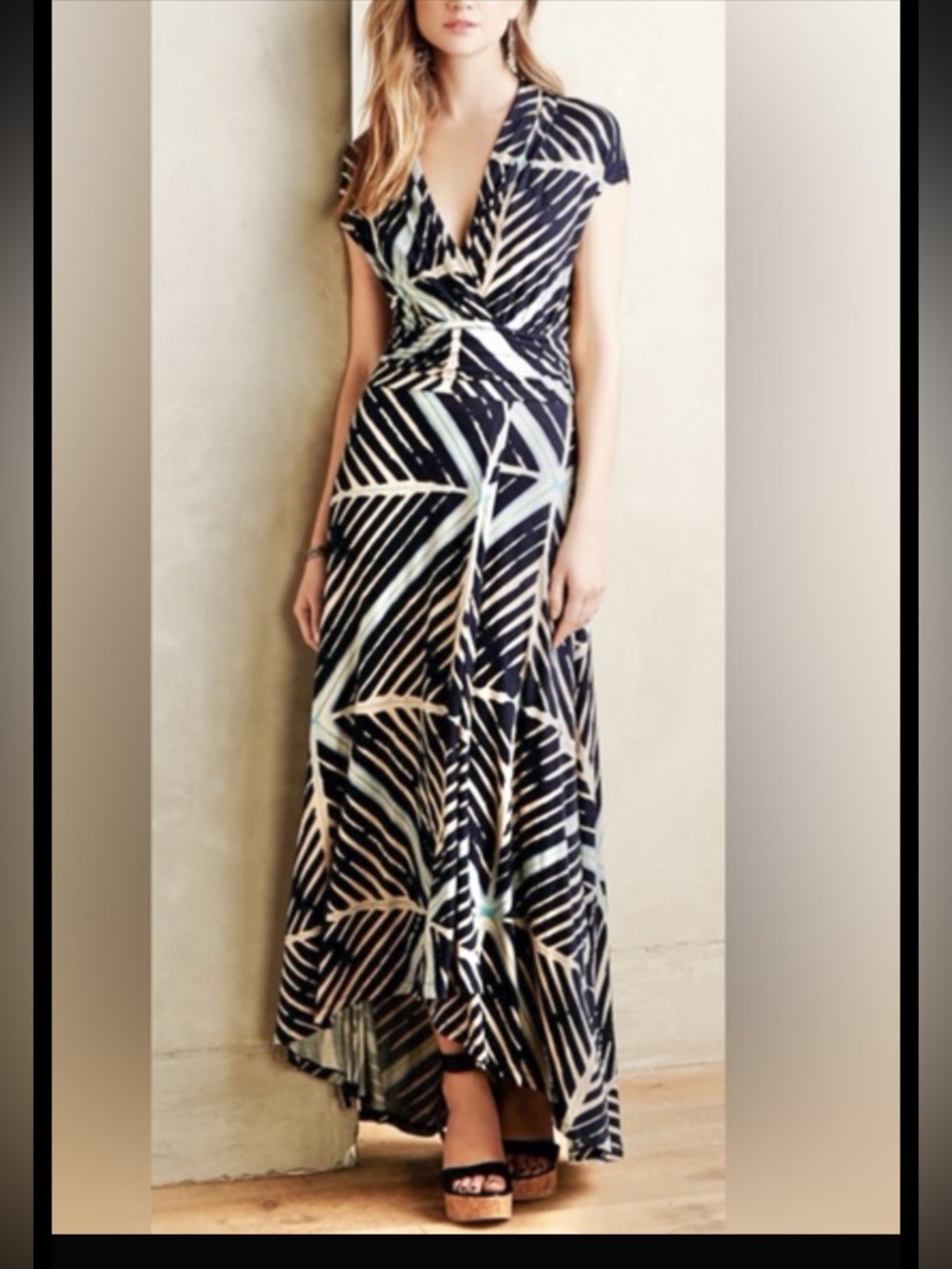 Maeve Anthropologie Maxi Cap Sleeve Wrap Navy Geometric V Neck Flowy Dress
